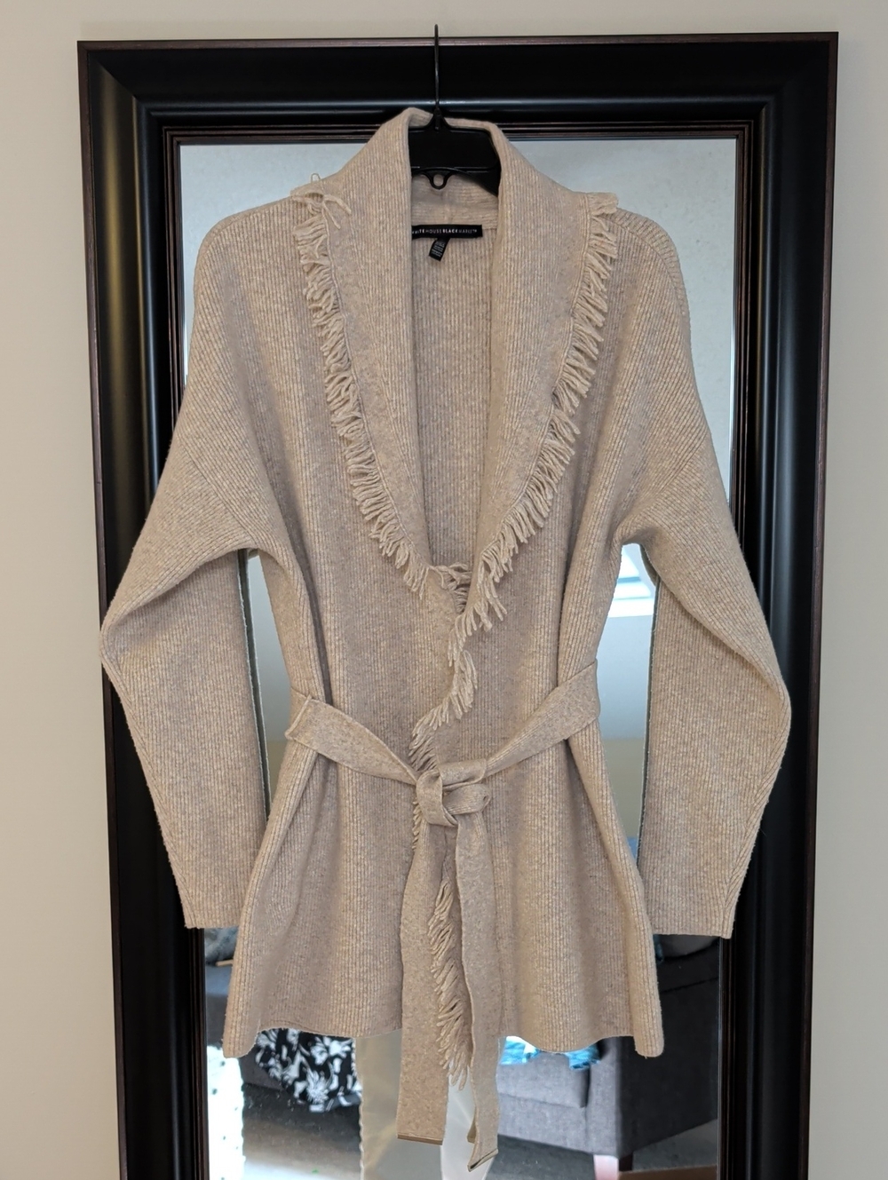 White House Black Market Beige Fringed Belted Cardigan